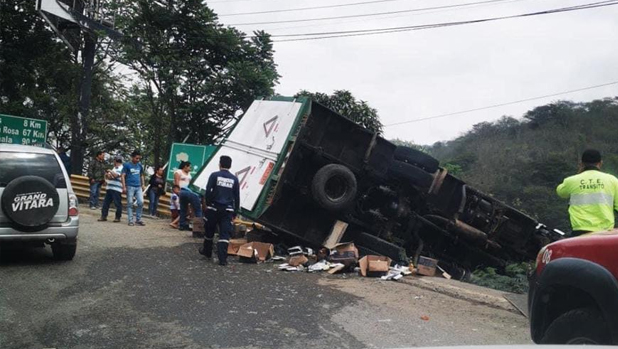 Camión perdió pista y volcó en el sector El Panche