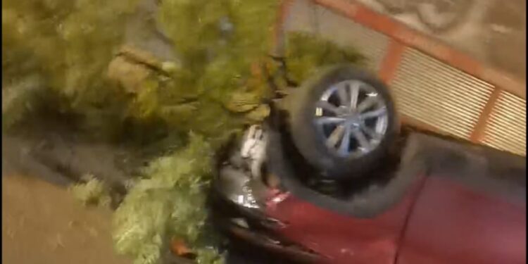 Carro se volcó al chocar contra un árbol