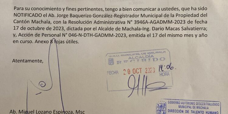 Jorge Baquerizo fue cesado como Registrador de la Propiedad