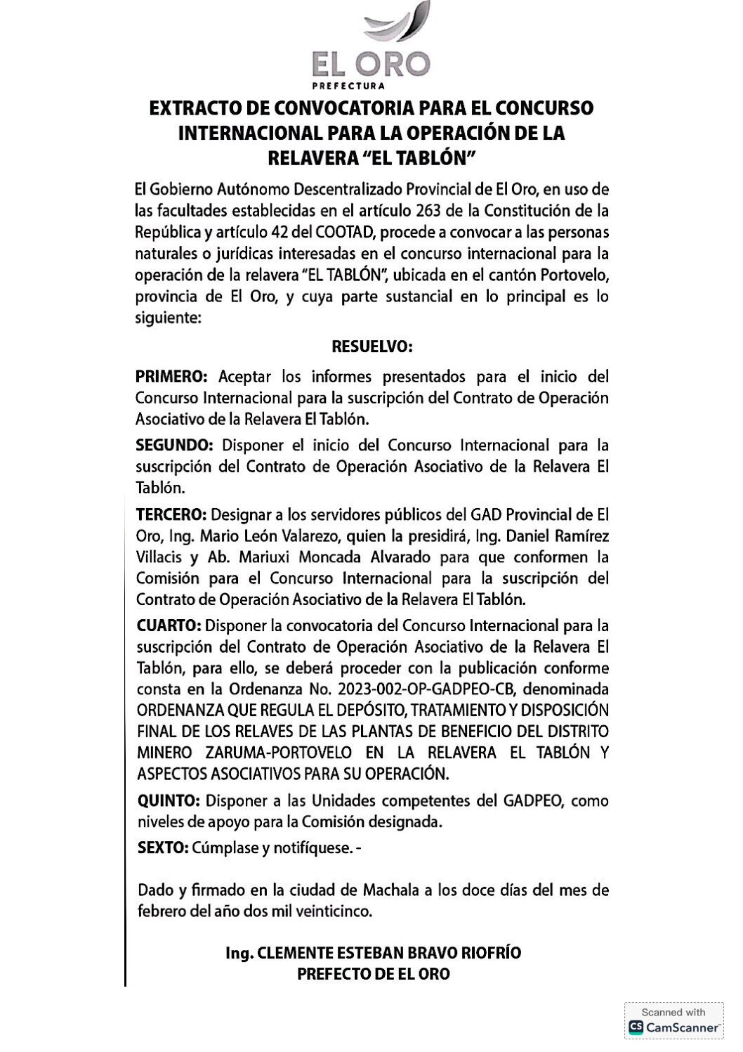 EXTRACTO DE CONVOCATORIA PARA EL CONCURSO INTERNACIONAL PARA LA OPERACIÓN DE LA RELAVERA “EL TABLÓN”