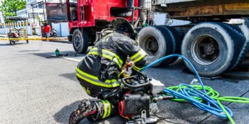 Bomberos de Machala ejecutan complejo rescate hidráulico para liberar a un ciudadano atrapado bajo un vehículo extrapesado